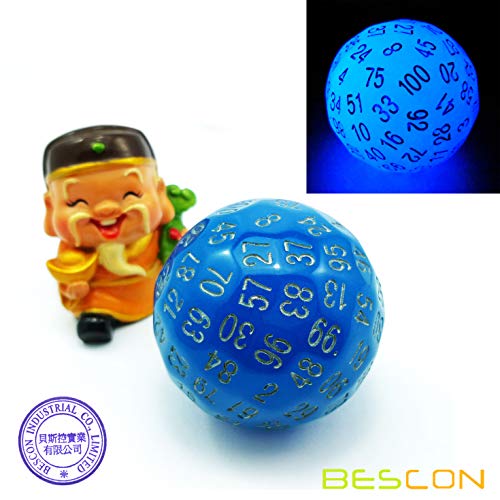 Bescon Glowing Polyhedral 100 Sided Dice - Acid Blue, Luminous D100, Glow in Dark Gaming Cube - color: Blue Glowing in Dark