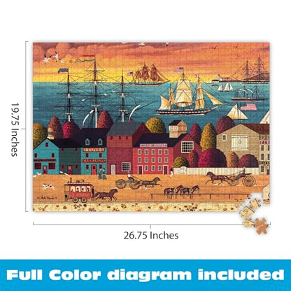 Buffalo Games - Charles Wysocki Hoopla at the Harbor - 1000 Piece Puzzle | Art by Charles Wysocki, Frameable Art, Made in USA, Recycled Board, Includes Poster, Challenging, intermediate to expert - color: Hoopla Harbor