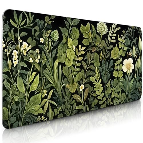 Gaming Mouse Pad Flower Botanical Extra Large, Oversized VintageFloral Plant Mousepad Non-Slip Base Stitched Edges, Long Desk Mat for Keyboard Mouse 15.7”x 34.7”XXL Gift for Christmas, for Women Men - color: Green-Plant, size: XX-Large