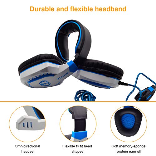 Stereo Gaming Headset for PC, Surround Sound Noise Isolation Wired Over Ear Headphones with Mic, Deep Bass, Soft Memory Earmuffs for Laptop Desktop Computer (White Blue)