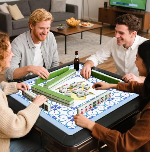 Boho Blue Summer Italian Lemon Mahjong Mat 31.5x31.5 Inch, Mediterranean Tiles Non-Slip and Noise Reduction Mah Jong Table Mat Cover Gifts for Mahjong Lovers Poker Board Games Dominoes - color: Summer Italian Lemon
