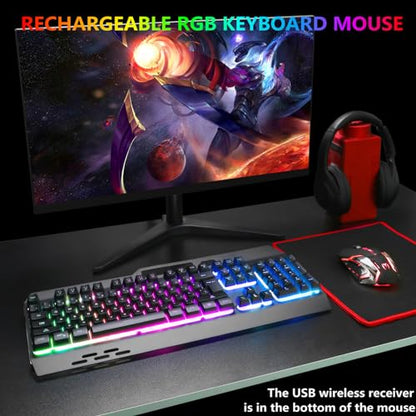 Wireless RGB Gaming Keyboard and Mouse - Rechargeable Backlit,Long Battery Life,Metal Panel Mechanical Feel with Palm Rest,7 Color Gaming Mouse and Mouse Pad for Game and Work