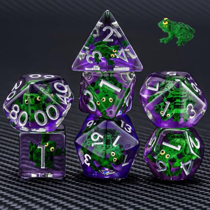 Resin D&D Dice Set, Green Frog Animal Polyhedral Dice for Dungeons and Dragons, RPG, MTG DND 7-DIE (D4, D6, D8, D10, D12, D20, D%) - color: Green Frog
