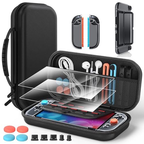 Switch 2 Accessories Bundle for Nintendo Switch 2 2025, Portable Hard Shell Slim Case with Switch 2 Crystals Cover kit, 2 HD Screen Protectors (7.9 Inch),Dust Plugs Kit, 4 Thumb Grips - color: Black