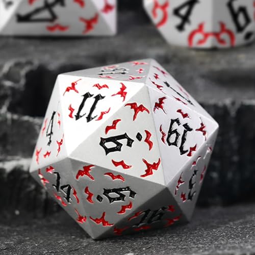 ZHOORQI Metal DND Dice 7Pcs Bat Design Polyhedral Die Set(BF-White Red) | Sharp Edge D and D Dice for Dungeons and Dragons DM RPGs Gift Gaming Collection - color: Bat-white Red