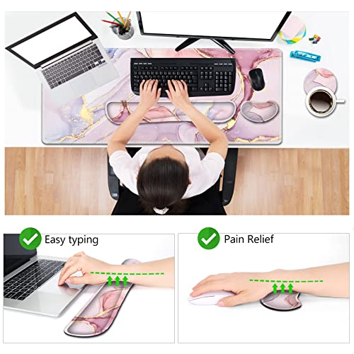 AIMSA Large Gaming Mouse Pad Set, Keyboard Wrist Rest Support Mouse Pad, Ergonomic Memory Foam Multifunctional Extended Desk Mat 35x15.7in Anti-Slip Rubber Base for Office Home, Pink Purple Marble - color: Pink Purple Marble