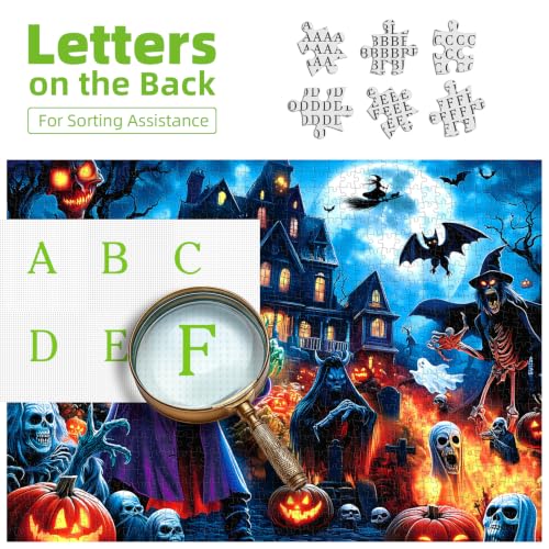 Halloween Spooky Monsters 1000 Piece Jigsaw Puzzle Haunted House Scene with Zombies, Witches, Ghosts and Jack-o-Lanterns, Large Pieces Puzzle Gift for Adults Family 27"x19" - color: Spooky Monsters, size: (27"X19")