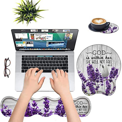 Keyboard Wrist Rest Support and Wrist Rest Mouse Pad with Non-Slip PU Base with Coaster Hook Gel Memory Mouse Pad Combo for Gaming, Office Pain Relief - Psalm 46:5 Purple Lavender - color: Psalm 46:5 Purple Lavender