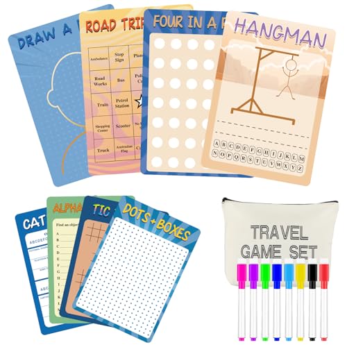 Chiisong 17 Pcs Portable Travel Game Set for Kids 8 Reusable Dry Erase Game Card with 8 Colorful Erasable Pen and Bag Educational Toy for Car Road Trip Airplane for Age 6-12, 9"x6"(Blue Classic Style) - style: Blue Classic Style