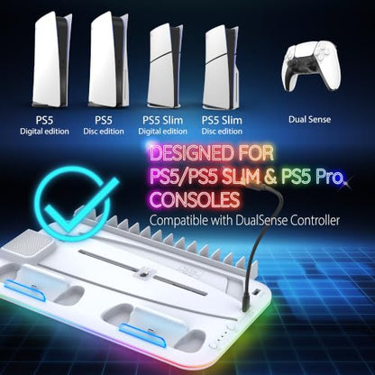 Fosmon for PS5/Slim/Pro Cooling Station and Charging Stand Vertical Controller Charger, Fan Cooler System with RGB Light,15 Game Slot, USB Port, Gaming Headset Holder for PS5 Console Accessories Kit