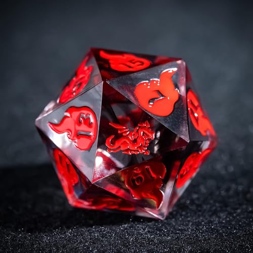 Cusdie 7-Piece Sharp Edges DND Dice Set with Dragon Pattern - Perfect for Tabletop RPGs Board Games Gifting and Collecting(Transparent Red with Balck Smoke) - color: Dragon Pattern Tr/R
