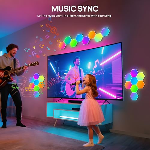 KORORO Hexagon LED Lights - 8 Pack Smart APP RGB Gaming Light with Remote Control & Music Sync Honeycomb Shape Hex Lights for Bedroom, Living Room Wall, Gaming Decor