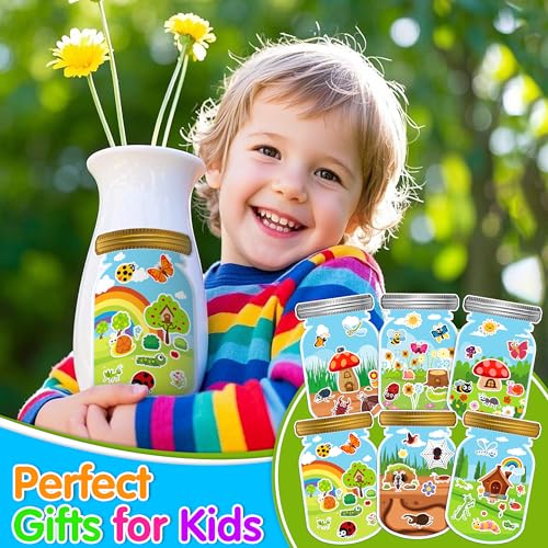 24 Sheets Insect Stickers with Jar Scenes, Make Your Own Bug Jar Stickers, Spring Crafts Activities for Kids Spring Party Decorations Supplies for Kids - style: Bugs Jar 24 Sheets