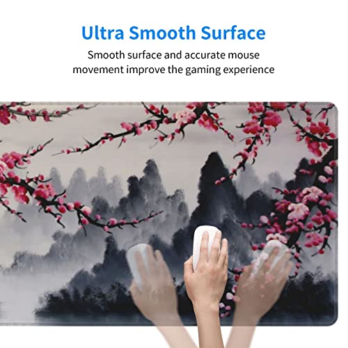 Japanese Sakura Watercolor Painting Extended Mouse Pad 31.5x11.8 Inch Cherry Blossom Flower Non-Slip Rubber Base Mousepad Stitched Edges Keyboard Mouse Mat with Stitched Edges for Gaming and Office - color: Cherry Blossom 2