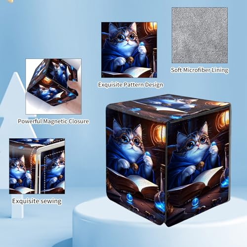 Card Deck Box for MTG Commander,Collectible Trading Storage Box Fits 120+ Single Sleeved Cards Magnetic Case PU Leather for Magic Commander TCG CCG MTG,Blue Glitter Cat - color: Blue Glitter Cat