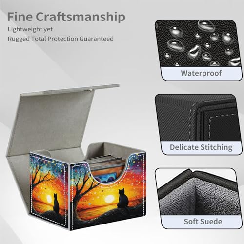 Cat Sunset Tree for MTG Deck Box, 100+ Double Sleeved Card Storage Case, PU Leather Commander Deck Case for TCG Magic Yugioh, Magnetic Closure - color: Cat Sunset Tree