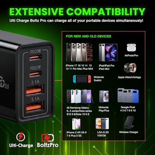 Ulti Charger 4 Ports Quick USBC Charger Boltz Pro Fast Charging Block | Wall Charging Block for Smart Phones, Tablets, Devices with Multiple Ports for Travel & Home, USB C x2, USB A x2, Compact