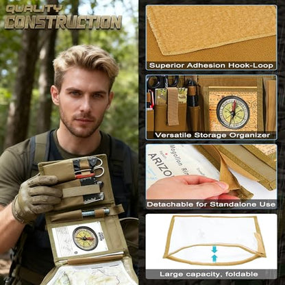 Military Map Case & Tactical Map Pouch with MOLLE, Waterproof TPU Holder | 13"x10" Clear Viewing Area, Foldable Design, 1000D Oxford, Land Navigation Kit for Hiking & Patrol - color: Khaki