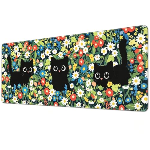 Black Cat Floral Mouse Pads for Desk, Large Mouse Pad Gaming, Extended Mousepad with Non-Slip Rubber Base Stitched Edge, Large Cat Mousepad Keyboard Mat for Desk Gaming Home Office, 31.5" x 11.8" - color: Mpad#Floral Cat02, size: 31.5L x 11.8W inches