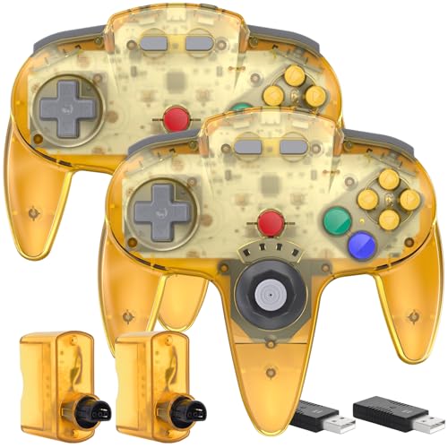 2 Pack Wireless N64 Controller for Switch 1 & 2, N64 Console, Clear Yellow | (Built-in Vibration) (Rechargeable) (3D Analog Stick), 2.4 GHz USB & N64 Receiver Made for Switch Online, Windows PC, macOS - color: Transparent Yellow
