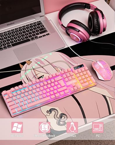 Wired Pink Gaming Keyboard and Mouse Combo with LED Backlit for PC Laptop | Multimedia Function Keys, 19 Key Anti-ghosting, Number Pad, 104 Keys Light Up Keyboard & RGB Mouse Set for Computer PS5 Xbox