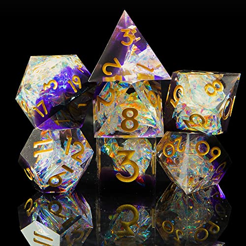 Sharp Edge DND Dice Set Handmade 7 Accessories Dice for Dungeons and Dragons TTRPG Games, Multi-Sided RPG Polyhedral Resin Sharp Edge Dice Roleplaying Games - color: Sequin Purple