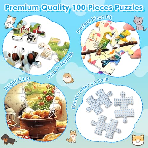 4 Packs 100 Piece Puzzles for Kids Ages 4-6 6-8 8-10, Cats Birds Farms Dogs Jigsaw Puzzles Educational Kids Puzzles 5-8 Gifts for Girls Boys Adults Seniors 15x11in - color: Cats Birds Farms Dogs
