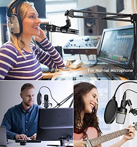Microphone Floor Stand for Blue Yeti, Nano, Snowball, HyperX,Razer,Logitech USB and Condenser Mic,Adjustable Boom Arm Stand with 1/4'' Thread and 3/8" 5/8" Adapter, Pop Filter, Mic Clip, Cable Ties