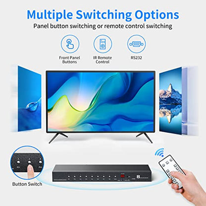 4K 60Hz HDMI Switch 8 Port with【5ft HDMI Cable】, Yinker 4K HDMI Switch 8 in 1 Out with IR Remote + Rack Mount Ears + RS232, Supports HDCP2.2 Auto Scan