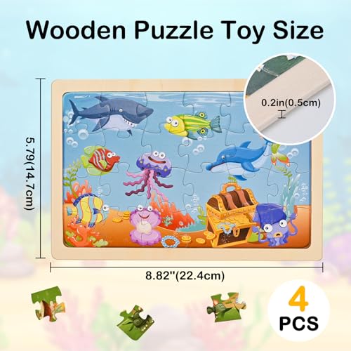Puzzles for Kids Ages 4-6, 4 Packs 24 Pcs Wooden Puzzles for Kids | Thickened Animal Jigsaw Puzzles, Kids Puzzles Ages 3-5, Preschool Educational Learning Toys for Boys and Girls 3-8 Years Old