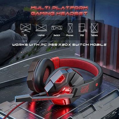 Stereo Gaming Headset for PS4 PC Xbox One PS5 Controller, Noise Cancelling Over Ear Headphones with Mic, LED Light, 7.1 Surround Sound, Soft Memory Earmuffs for Nintendo Xbox Series X|S-Black/Red - color: Black/Red