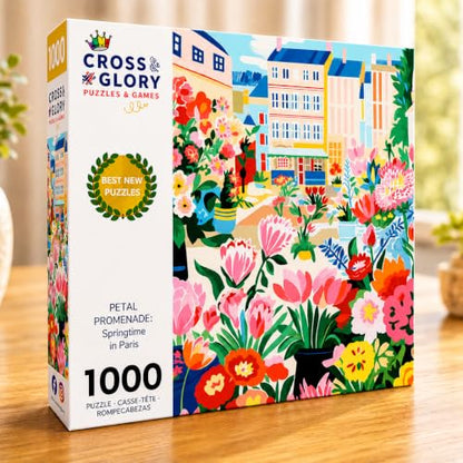 Cross & Glory | 1000 Piece Jigsaw Puzzles for Adults | Petal Promenade | Springtime in Paris | Vibrant Spring Colors | 2mm Thick Pieces | Bonus Reference Poster | Satin Finish | Ages 14+ - color: Spring Hues