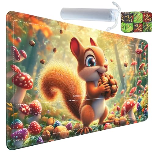 for MTG/TCG Playmat with Zones, 24 x 14 inches Trading Card Playmat with A Storage Bag and 6 Dice, Non-Lip Rubber Bottom Game Desk Mat, Squirrel and Nuts in The Forest - color: Yux-playmats-2-3A-257