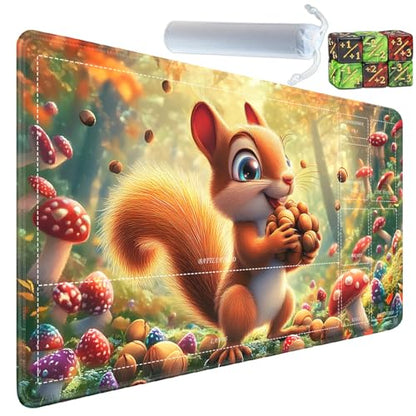 for MTG/TCG Playmat with Zones, 24 x 14 inches Trading Card Playmat with A Storage Bag and 6 Dice, Non-Lip Rubber Bottom Game Desk Mat, Squirrel and Nuts in The Forest - color: Yux-playmats-2-3A-257