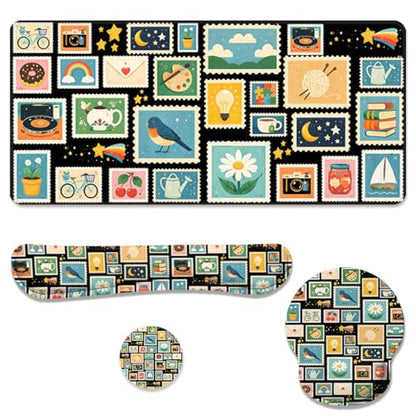 Retro Stamps Desk Mat Set Colorful Collage Large Mouse Pad with Wrist Rest 4in1 Desk Mat for Desktop Ergonomic Keyboard Wrist Support Anti-Slip Computer Ergonomic Mouse Pad Home Office Gaming - color: Retro Stamps