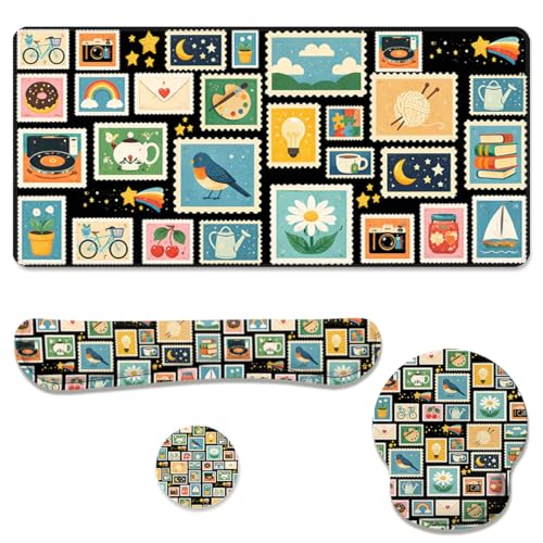 Retro Stamps Desk Mat Set Colorful Collage Large Mouse Pad with Wrist Rest 4in1 Desk Mat for Desktop Ergonomic Keyboard Wrist Support Anti-Slip Computer Ergonomic Mouse Pad Home Office Gaming - color: Retro Stamps