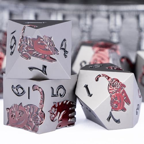 Metal DND Cat Dice 7PCS Polyhedral RPG Dice Set with Gift Case for Dungeons Dragons Role Playing Game, D and D Dice D6 D8 D10 D12 D20 D% (Grey Red) - color: Cat-grey Red