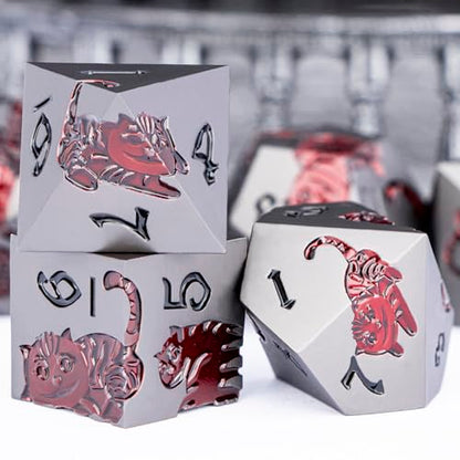 Metal DND Cat Dice 7PCS Polyhedral RPG Dice Set with Gift Case for Dungeons Dragons Role Playing Game, D and D Dice D6 D8 D10 D12 D20 D% (Grey Red) - color: Cat-grey Red