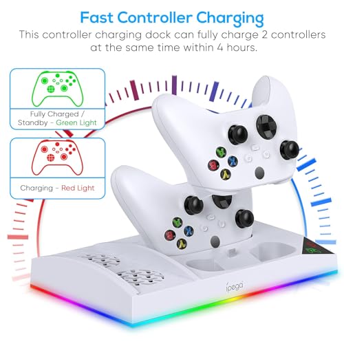 Upgraded RGB Cooling Fan Charge Stand for Xbox Series S Console &Controller | Dual Charger Dock Cooler System Stand with 15 Colorful Light Modes Accessories with 2*1400mAH Rechargeable Battery, White - color: White
