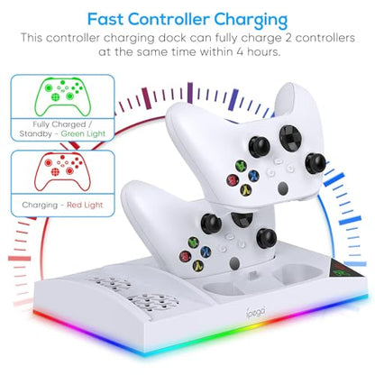 Upgraded RGB Cooling Fan Charge Stand for Xbox Series S Console &Controller | Dual Charger Dock Cooler System Stand with 15 Colorful Light Modes Accessories with 2*1400mAH Rechargeable Battery, White - color: White