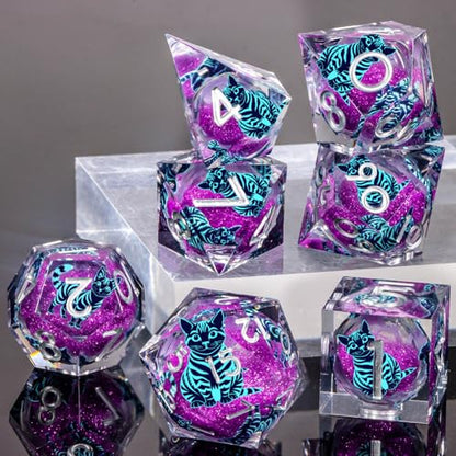 KERWELLSI Cat Liquid Core DND Dice Set with Gift Box, 7Pcs Resin Dungeons Sharp Edge D&D Dice, Dragons D and D Role Playing Dice D20 D12 D10 D8 D6 D4, Purple and Blue Cat - color: Purplr and Blue Cat