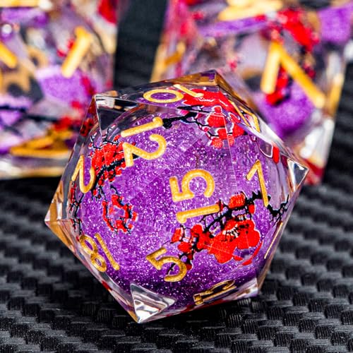 ARUOHHA DND Resin Dice Plum Blossom Liquid Core Purple Sharp Edged Polyhedral Dragons Dice Set with Gift Box, Dungeons D and D Dice Role Playing Game D20 D12 D10 D8 D6 D4 - color: Flower&golden Purple