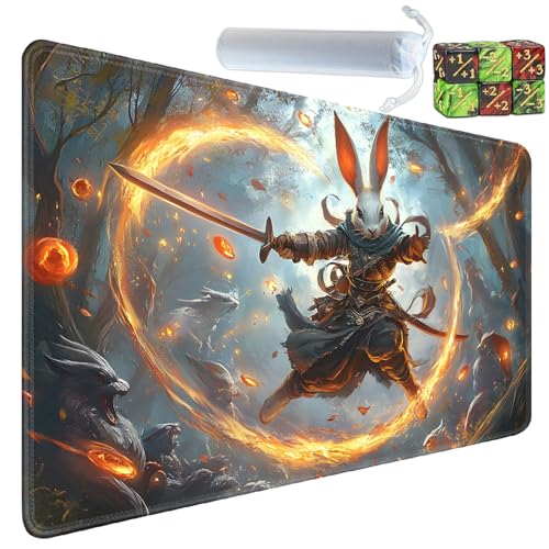 Playmat for MTG, 24x14 Inches, for TCG and CCG Trading Card Game Mat, Non-Slip Rubber for MTG Playmats with Storage Bag and 6 Dice Set, Rabbit Warrior - color: Yux-playmats-2-1A-209