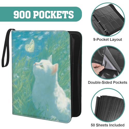 TCG Trading Card Binder, 900 Pockets, 3-Ring Zipper with 50 Double-Sided 9-Pocket Pages, Fits 2.5" x 3.5" Cards, Acid-Free PVC-Free PP Pages, PU Cover, White Cat & Butterfly Design - color: Cat & Butterfly