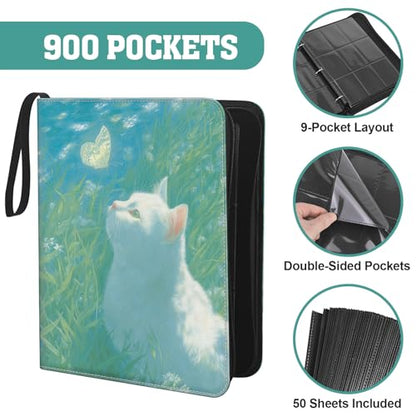 TCG Trading Card Binder, 900 Pockets, 3-Ring Zipper with 50 Double-Sided 9-Pocket Pages, Fits 2.5" x 3.5" Cards, Acid-Free PVC-Free PP Pages, PU Cover, White Cat & Butterfly Design - color: Cat & Butterfly