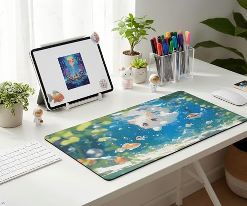XXL Gaming Mouse Pad 35.4x15.7 inch, Cute Kawaii Cat Landscape Theme Desk Mat,Large Water Swimming Fish Scene Mousepad (Water Kawaii Cat) - color: Water Kawaii Cat