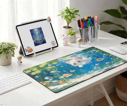 XXL Gaming Mouse Pad 35.4x15.7 inch, Cute Kawaii Cat Landscape Theme Desk Mat,Large Water Swimming Fish Scene Mousepad (Water Kawaii Cat) - color: Water Kawaii Cat