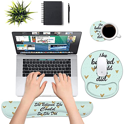 Keyboard Wrist Rest and Mouse Pad Wrist Rest Support Set with Coasters, She Believed She Could So She Did Inspirational Quote Wrist Mouse Pad with Non-Slip PU Base for Computer Laptop Home Office - color: Inspirational Quote She Believed She Could So She