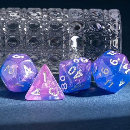 7-Die DND Dice Set Polyhedral Dice Set with a Leather Dice Bag, D&D Dice Set for RPG Table Games (Purple & Blue) - color: Transparent Purple Blue