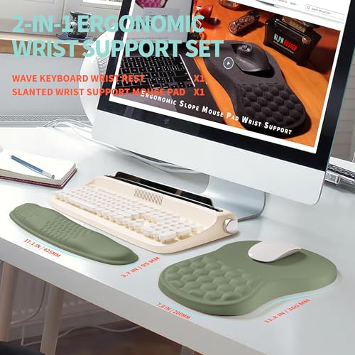 2-in-1 Ergonomic Set, Wave Rise Keyboard Wrist Rest and Massage Bulge Slope Mouse Pad Wrist Support, Cushion Memory Foam Integrated to Relieve Wrist Pain, Olive Green - color: Olive Green